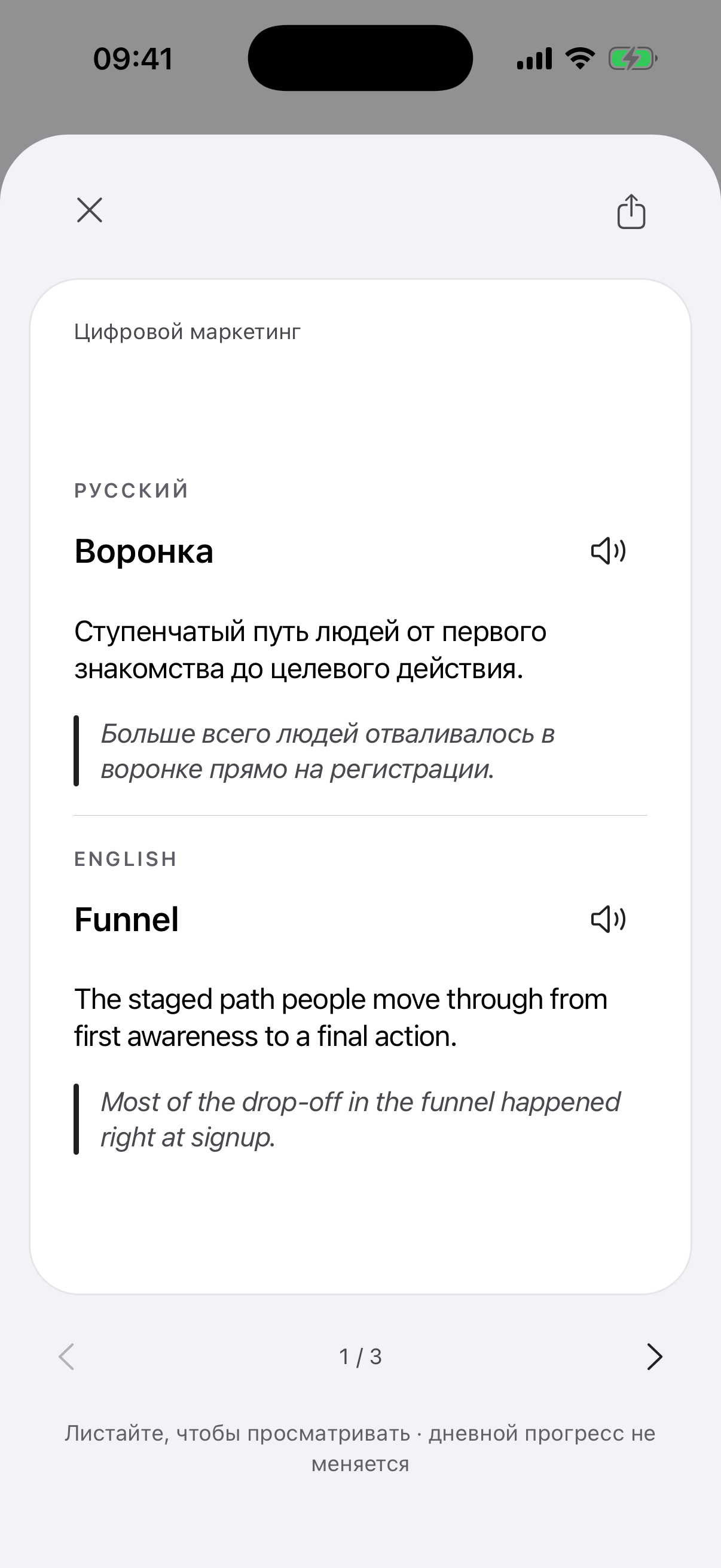 Экран приложения с открытым оборотом карточки «Воронка»