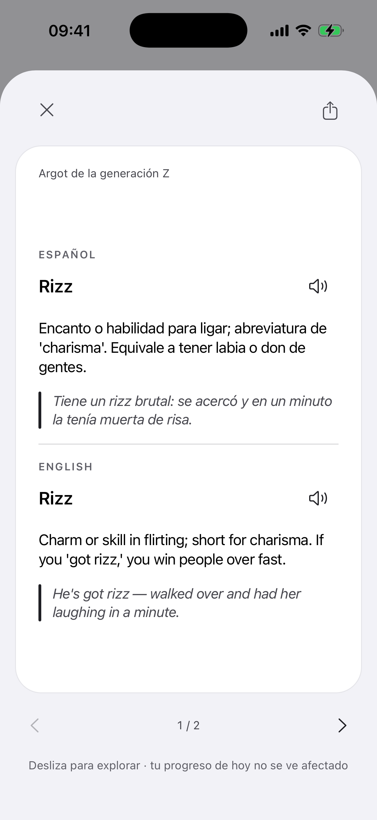 La pantalla de la app con el reverso de la tarjeta «Rizz» abierto