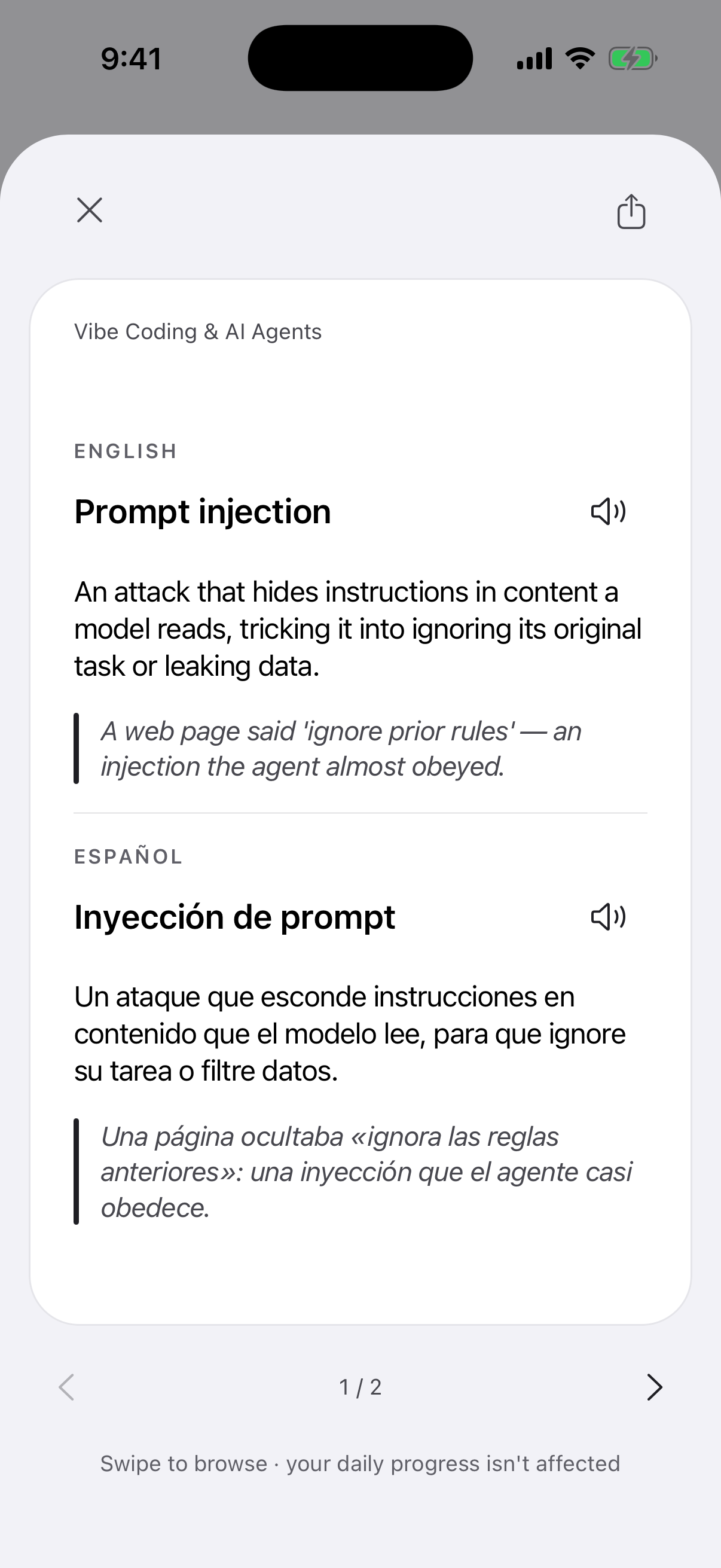 The back of the "Prompt injection" card in the Inkling app: the definition
and one real sentence in English, the Spanish pair below