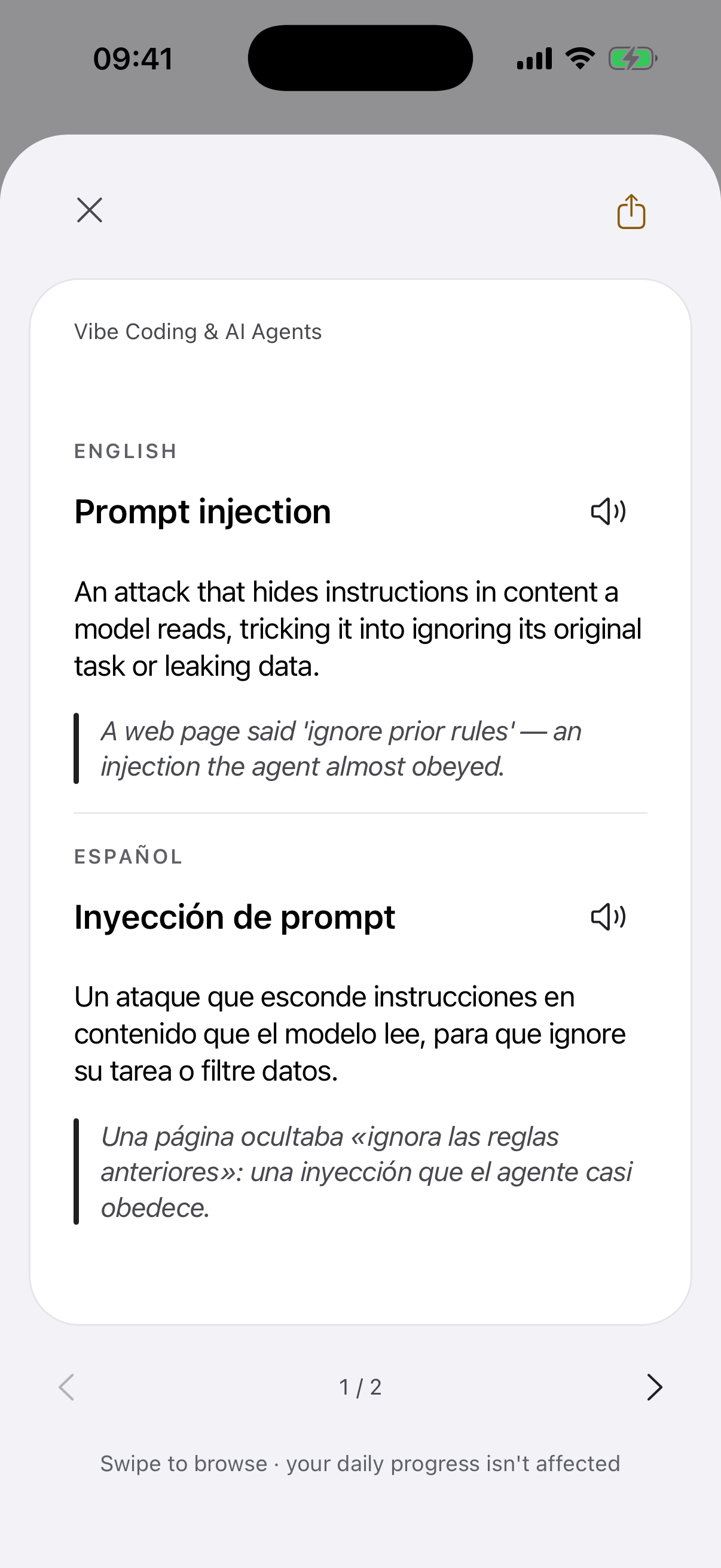 The back of the "Prompt injection" card in the Inkling app: the definition
and one real sentence in English, the Spanish pair below