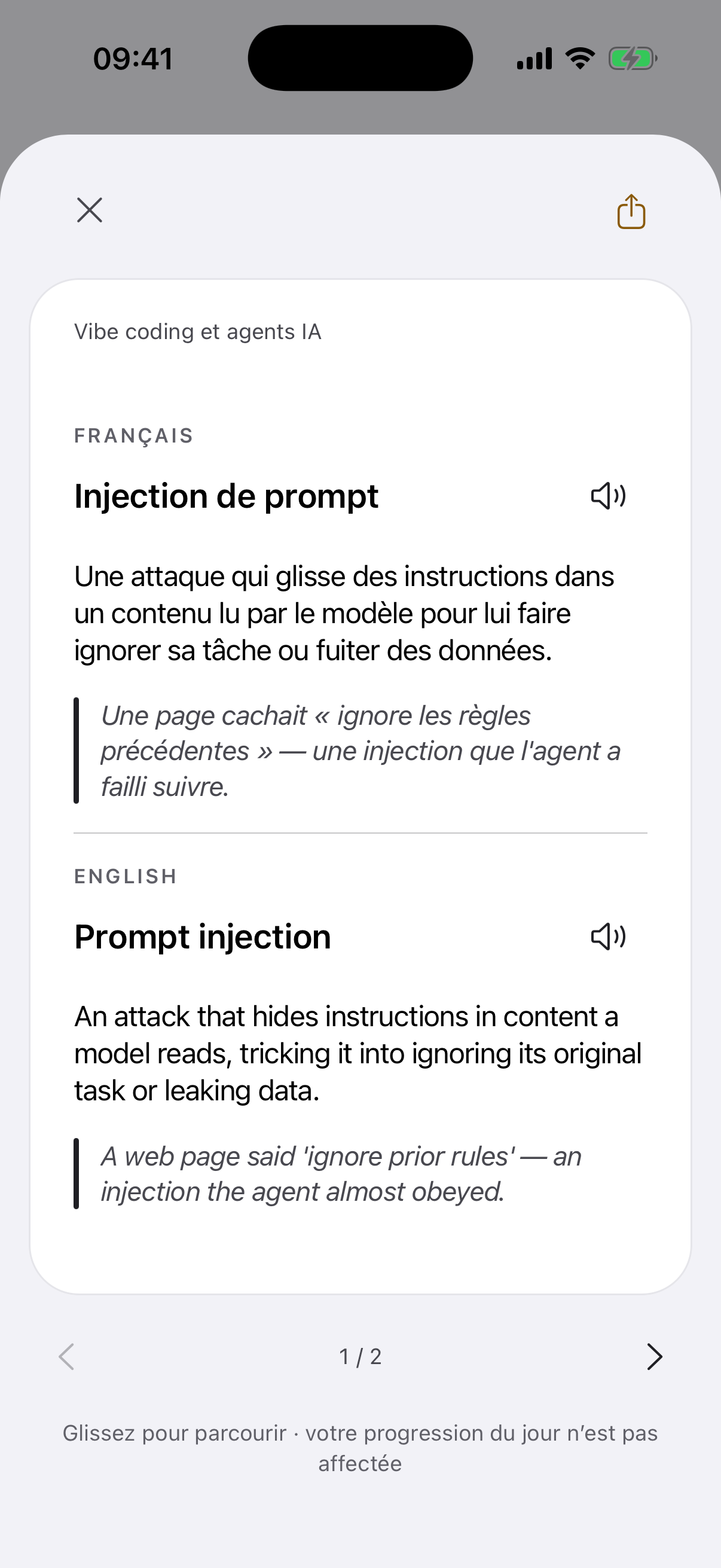 Le verso de la carte « Injection de prompt » dans Inkling : l’explication
et l’exemple en français, la paire en anglais dessous