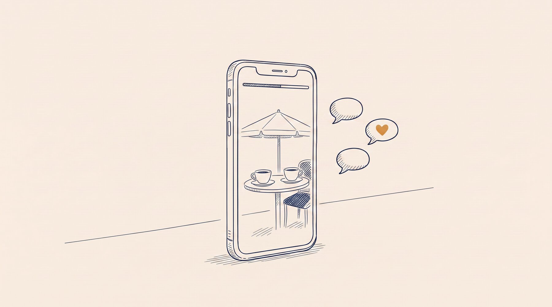 A phone in ink outline, a story on its screen: a table under a parasol with two cups;
to the right of the phone three reply bubbles, an ochre heart in the middle one