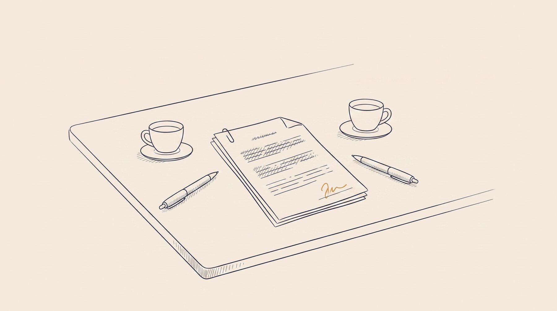 A meeting table in ink outline: a stack of brief pages, an ochre signature on the bottom line;
two pens and two cups on saucers, one each side