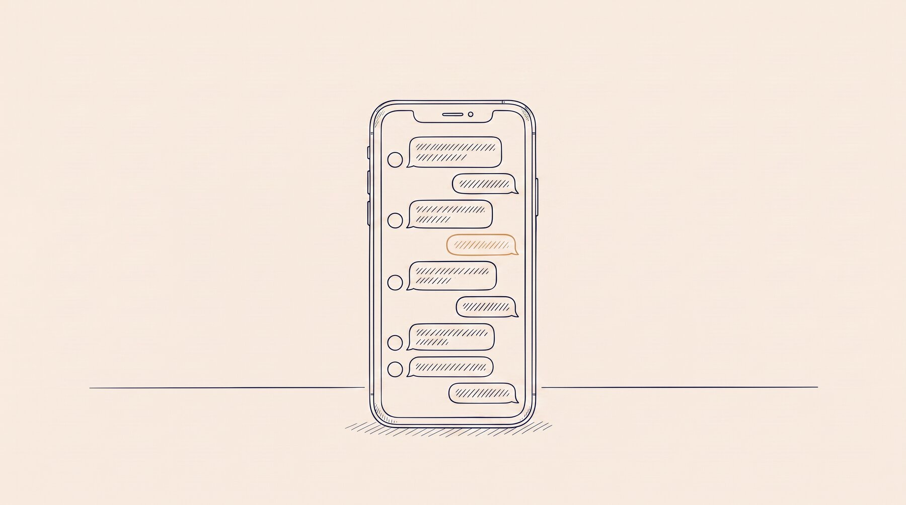 A phone in ink outline, a group chat on its screen: bubbles with avatar circles on the left,
short replies on the right, one of them in ochre
