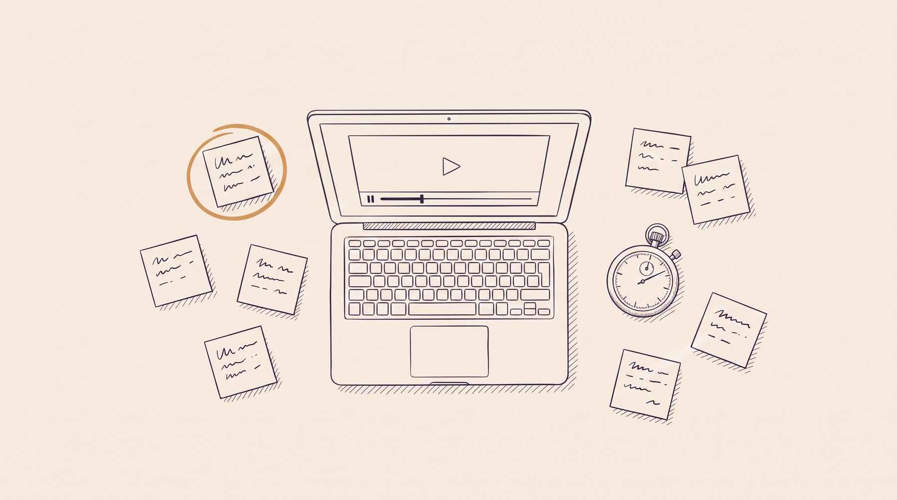 An ink-outline desk seen from above: a laptop with a paused recording, a stopwatch,
and a scatter of small notes, one of them circled in ochre