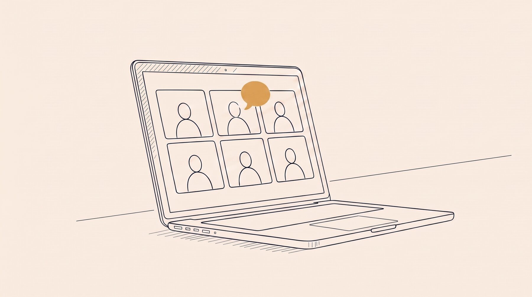A laptop in ink outline, on its screen a call window with a grid of six silhouettes;
an ochre speech bubble over one of them