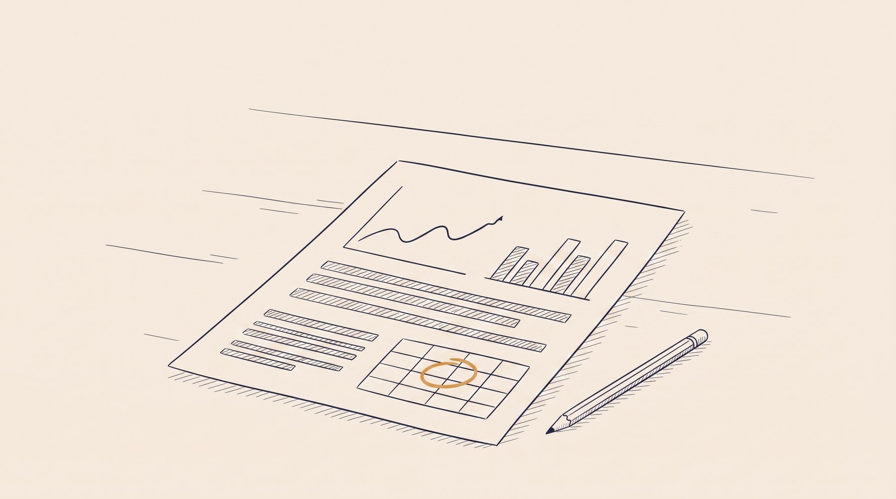 A report page in ink outline: a jagged line graph, bar columns, strips of text and a table
with one cell circled in ochre; a pencil beside it