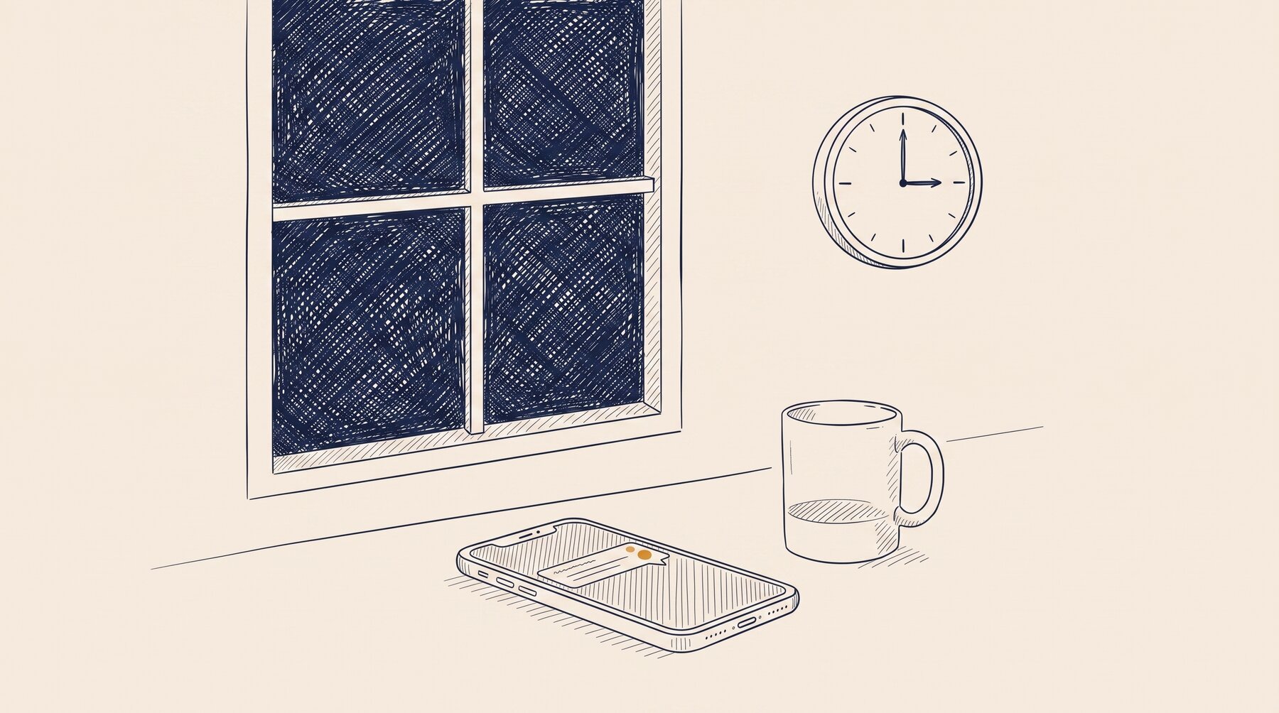 A dark window, panes hatched; a clock on the wall with the hands at three;
on the desk a mug and a phone, a notification with an ochre dot on its screen