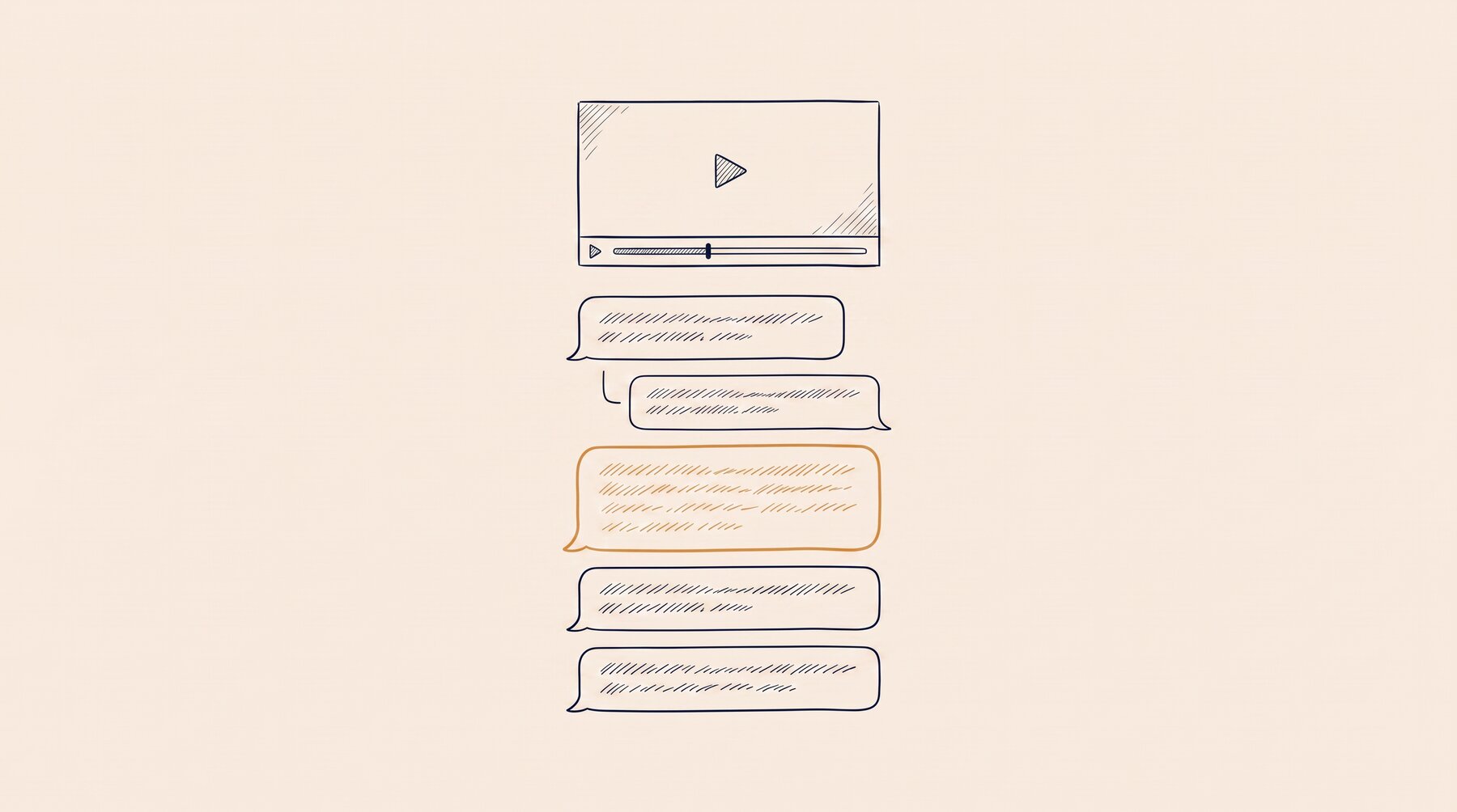 A player window with a play triangle in ink outline;
under it a column of five comment bubbles, the third from the top in ochre