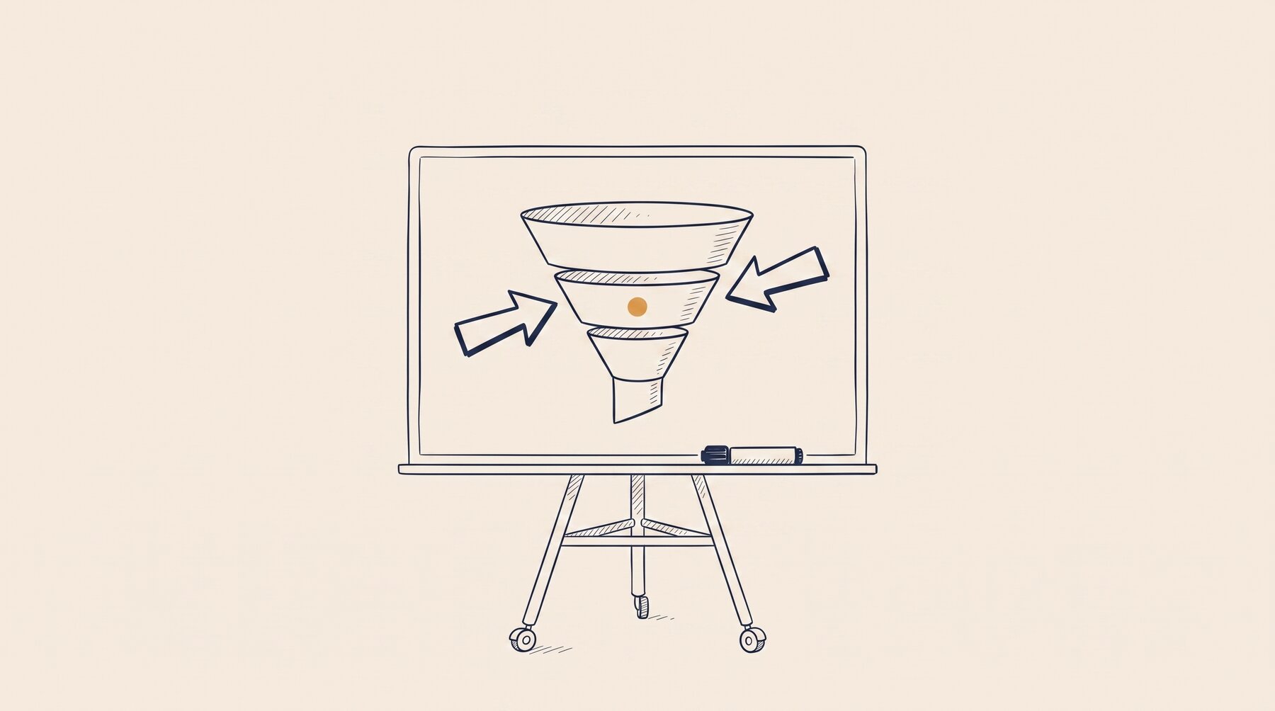 A whiteboard on castors in ink outline, a three-tier funnel drawn on it;
arrows from both sides meet at the middle tier, an ochre dot inside it