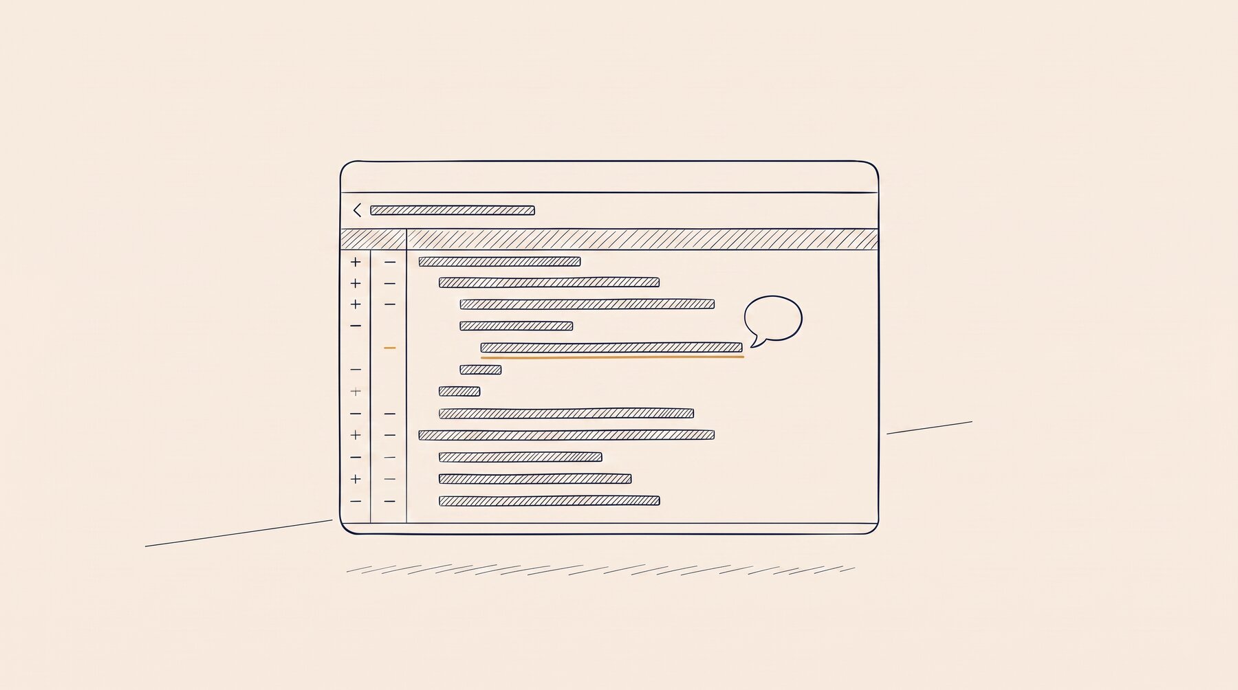 A diff window in ink outline: a column of pluses and minuses on the left, lines of code
as hatching; one line underlined in ochre, a comment bubble beside it