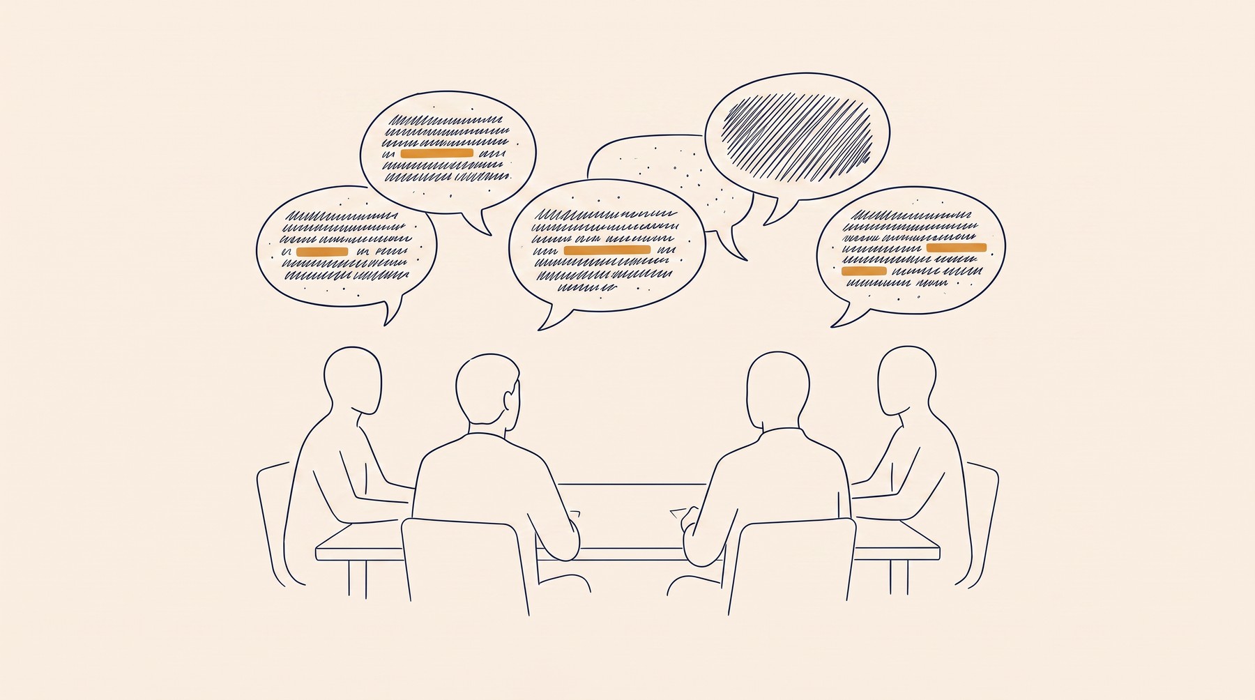 Four figures at a table in ink outline, speech bubbles above them,
single words picked out in ochre