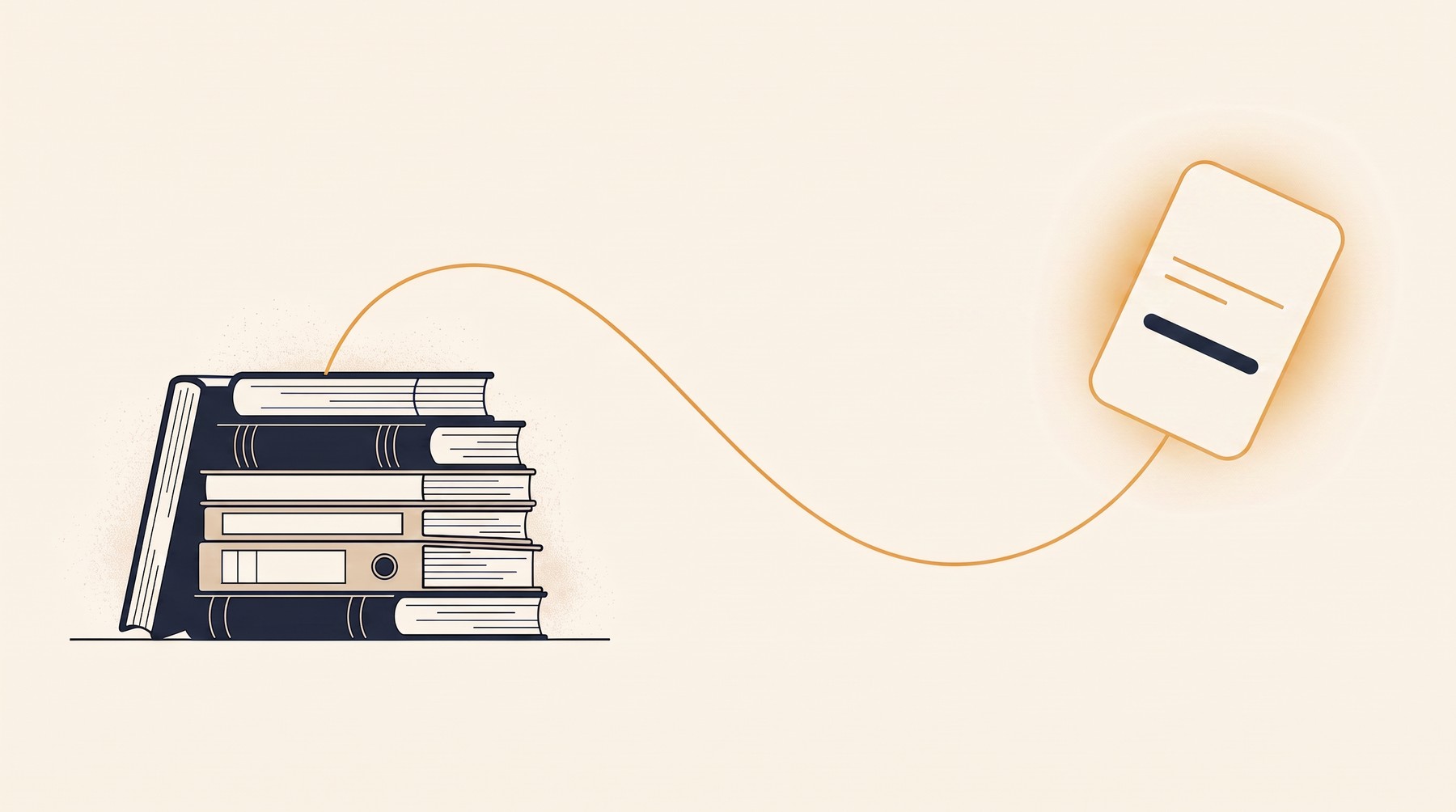 A heavy stack of books and folders in ink outline on the left, a single light card
on the right, an ochre thread between them