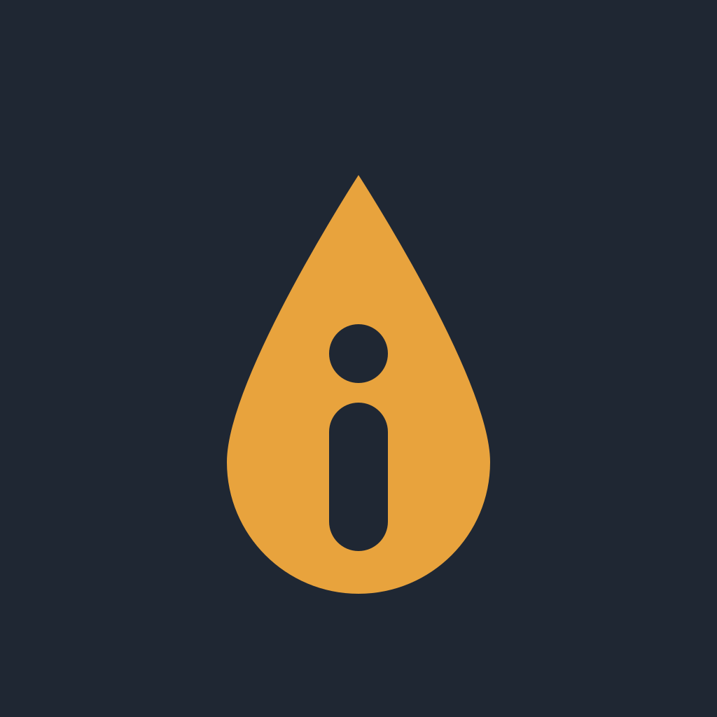 App icon: an ochre drop with an i-shaped cutout on an ink tile