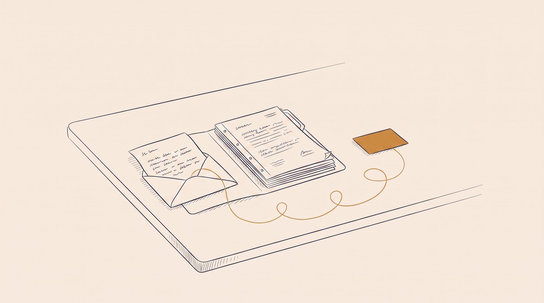 On a desk, in ink outline: an open envelope with a letter, a stack of pages and
an ochre card, an ochre thread running from the letter to the card