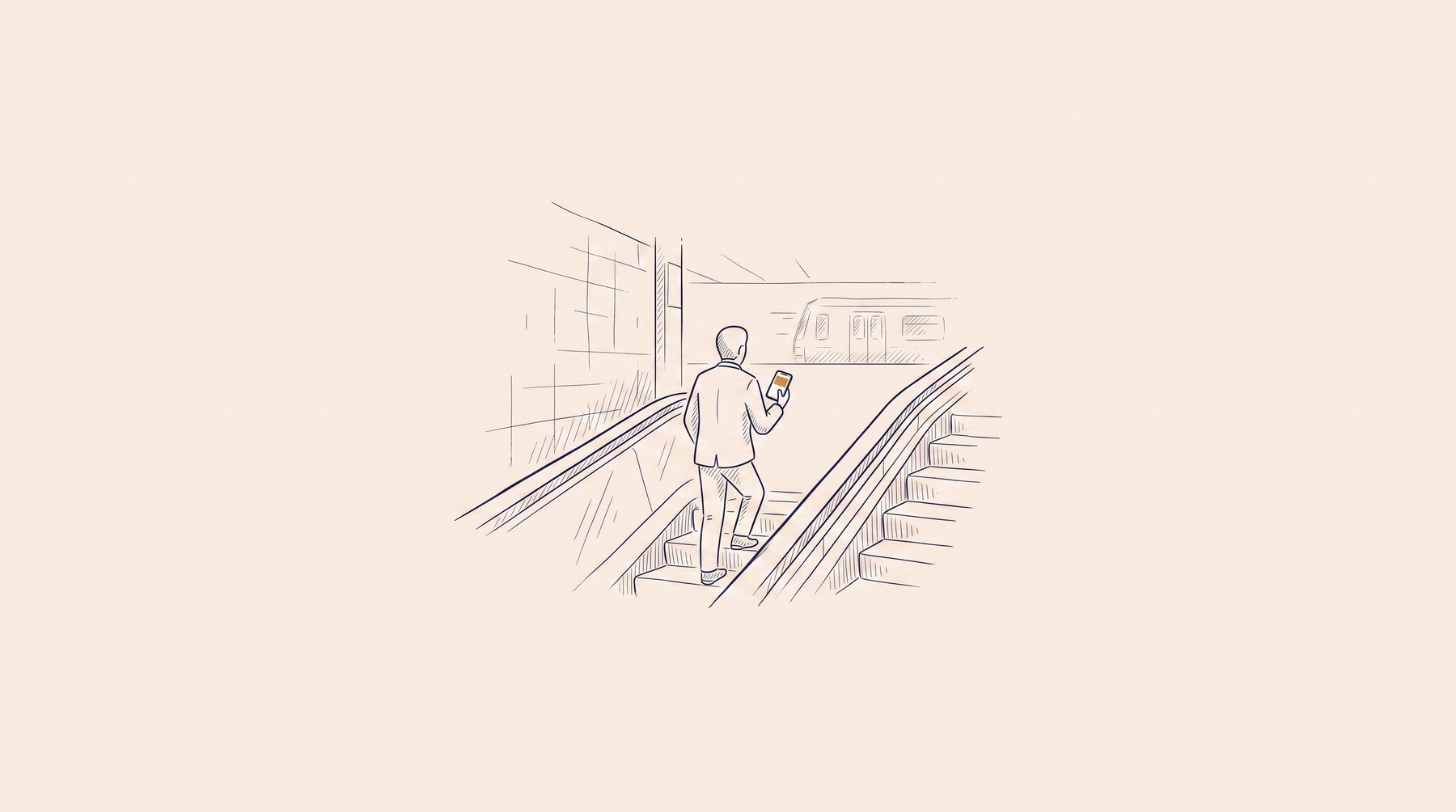A man in a jacket rides up a subway escalator with a phone in hand, an ochre card
on the screen; a train stands at the platform behind him