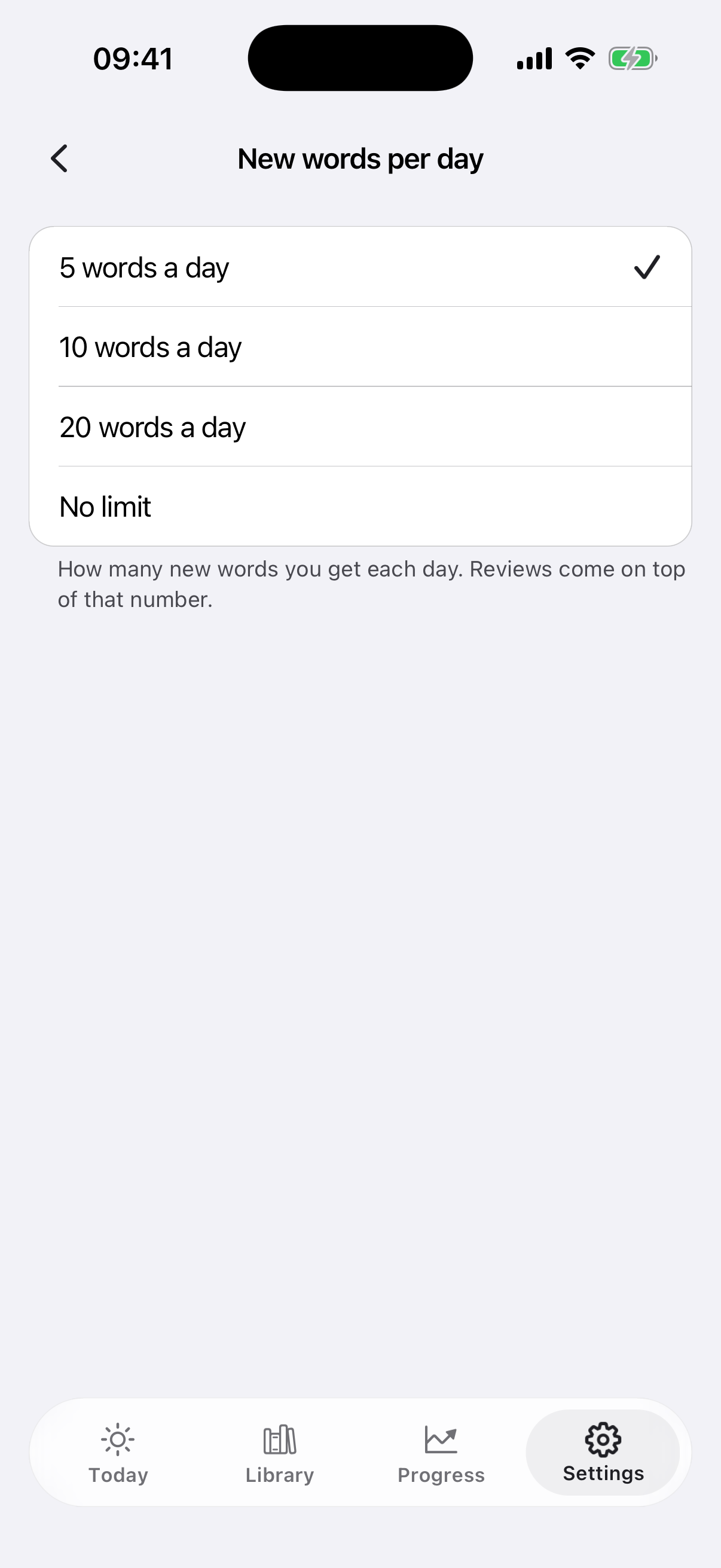 The Settings screen with the pace switch