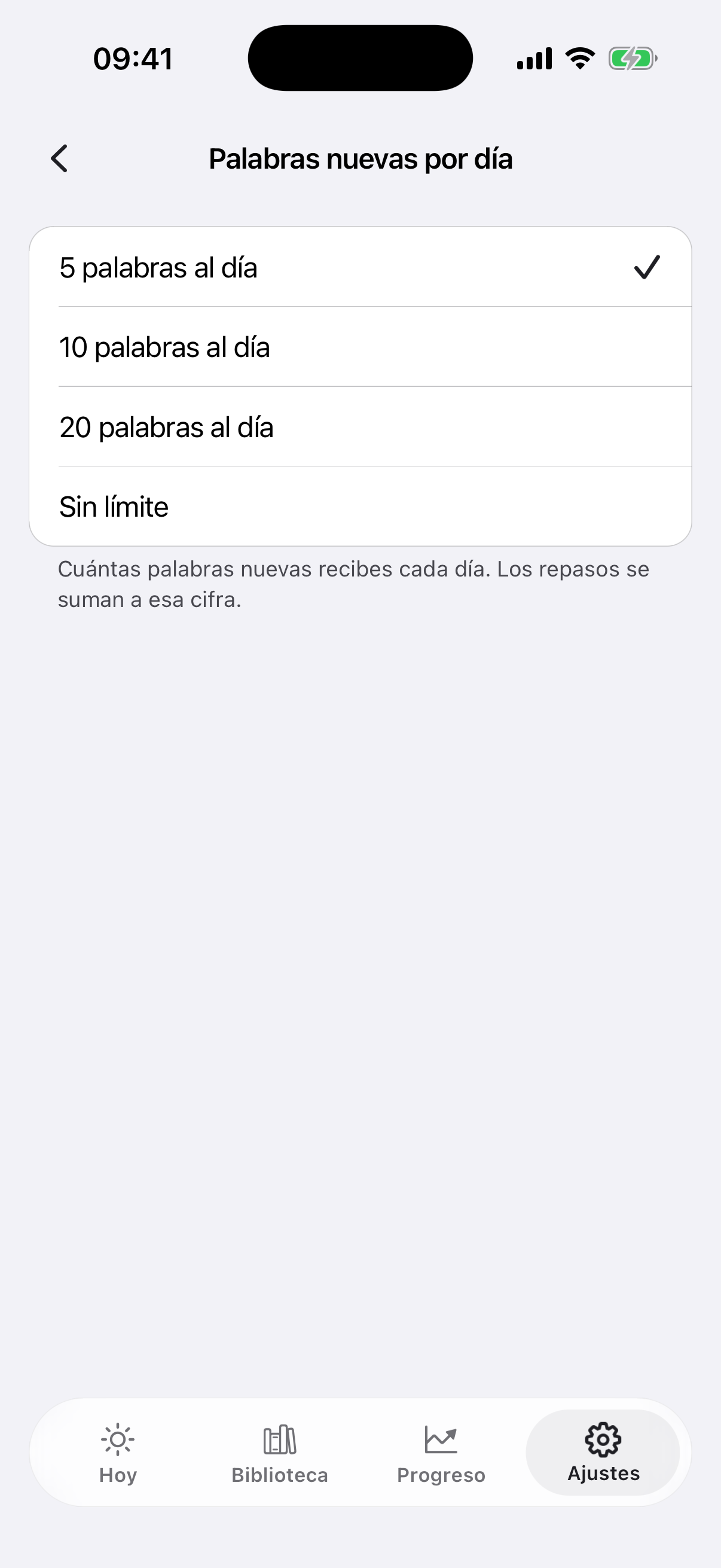 La pantalla de ajustes con el selector de ritmo