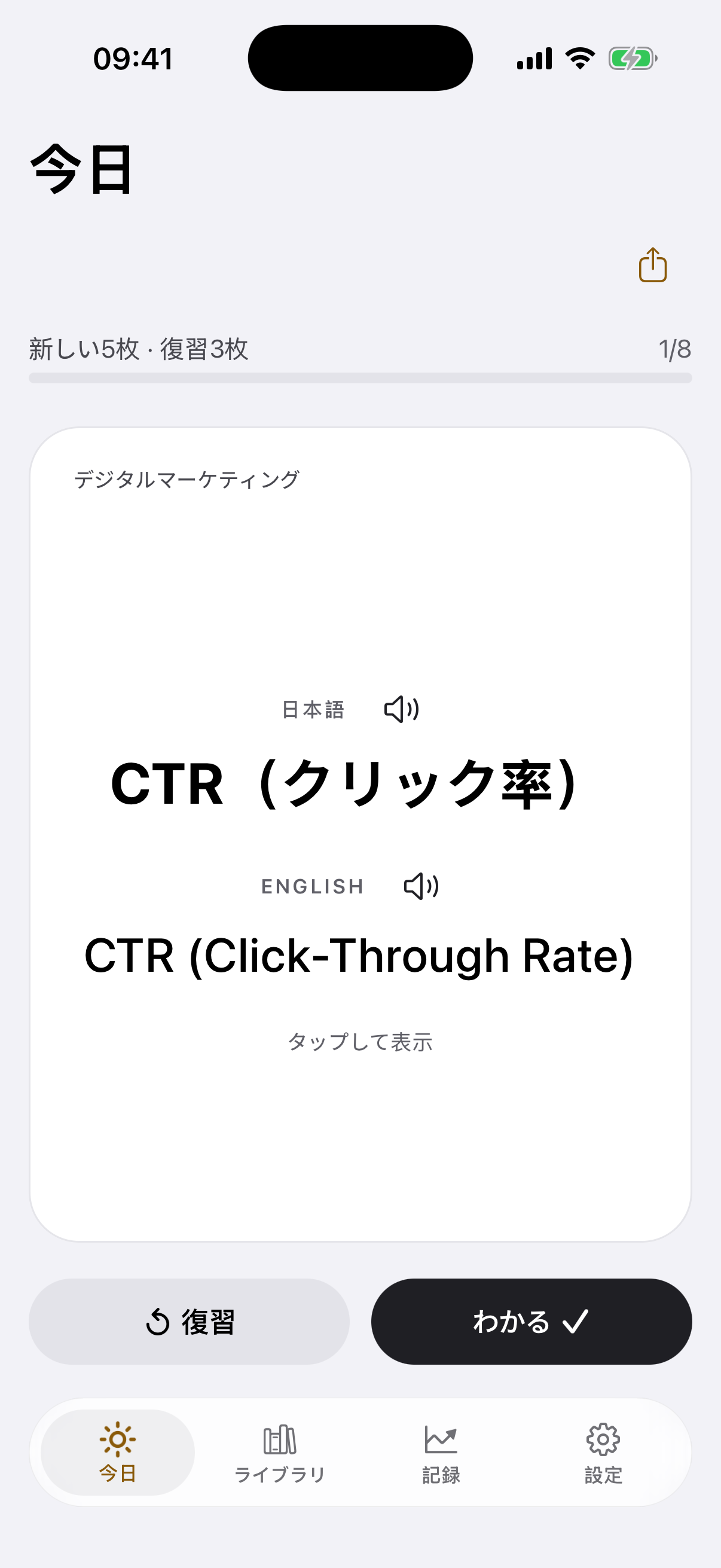 「今日」の画面。「CTR（クリック率）」のカード