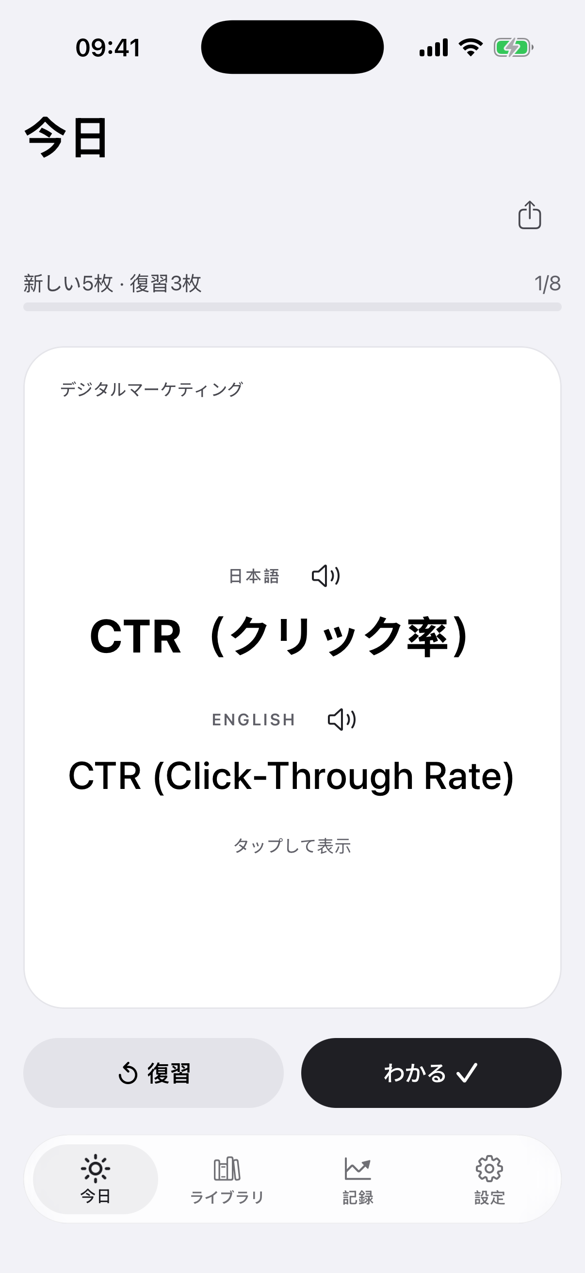 「今日」の画面。「CTR（クリック率）」のカード
