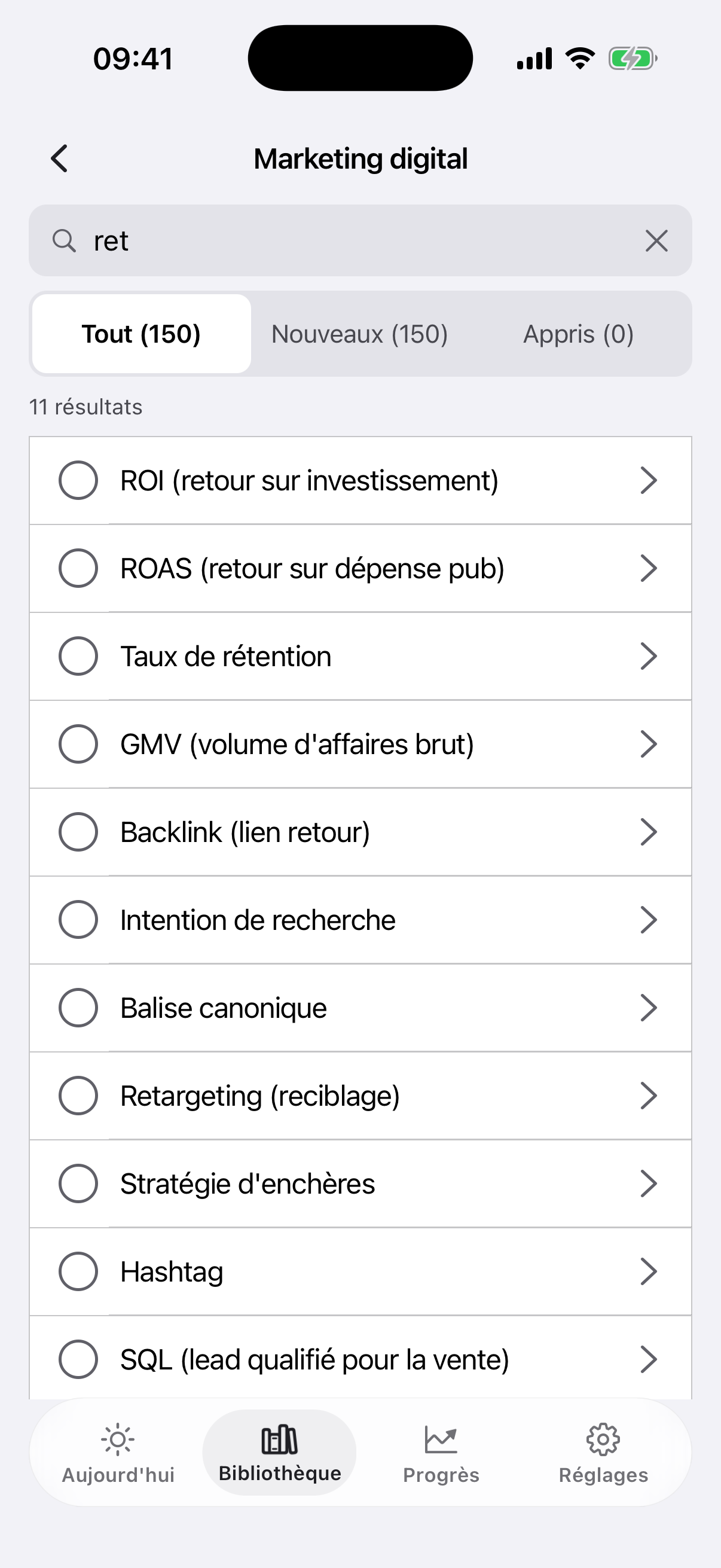 L'écran de recherche dans le thème « Marketing digital » : la requête « ret »,
parmi les cartes trouvées « ROI (retour sur investissement) »,
« ROAS (retour sur dépense pub) » et « Retargeting (reciblage) » ;
les onglets « Tout », « Nouveaux », « Terminés »