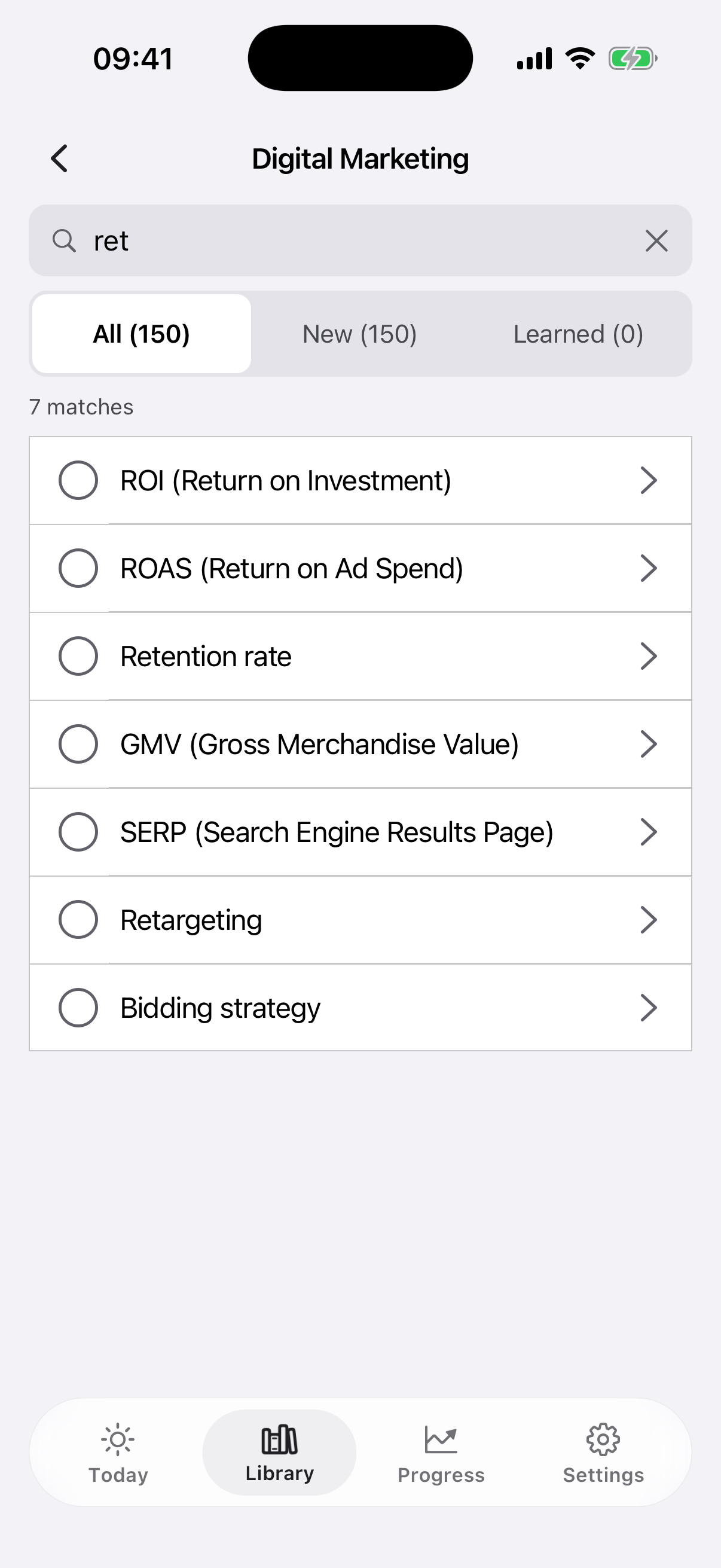 The search screen inside the Digital Marketing topic: the query "ret" with matches
"ROI (Return on Investment)", "ROAS (Return on Ad Spend)", "Retention rate",
"Retargeting"; tabs All, New, Done