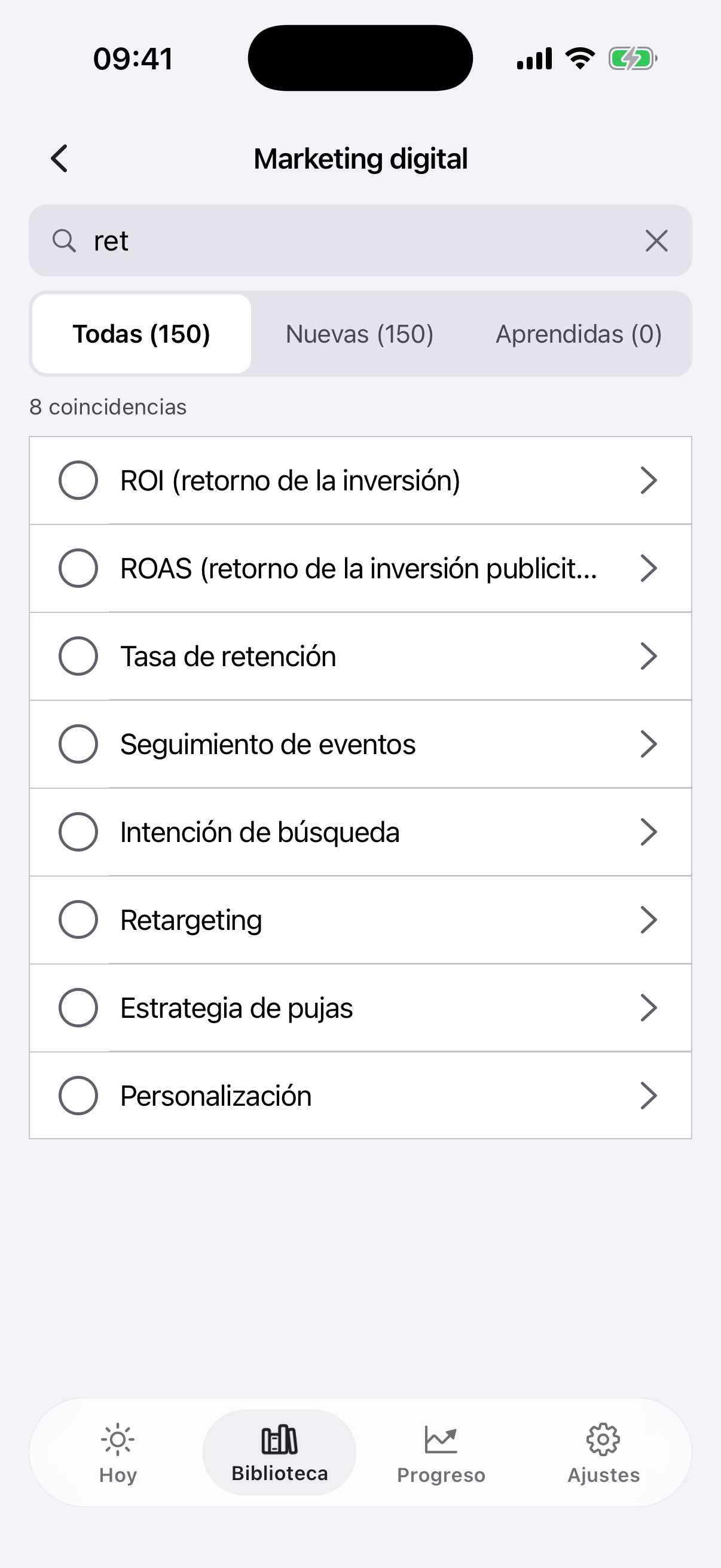 El buscador dentro del tema «Marketing digital» con la consulta «ret» y 4 coincidencias:
«ROI (retorno de la inversión)», «ROAS (retorno de la inversión publicitaria)»,
«Tasa de retención», «Retargeting»; pestañas «Todas», «Nuevas», «Terminadas»