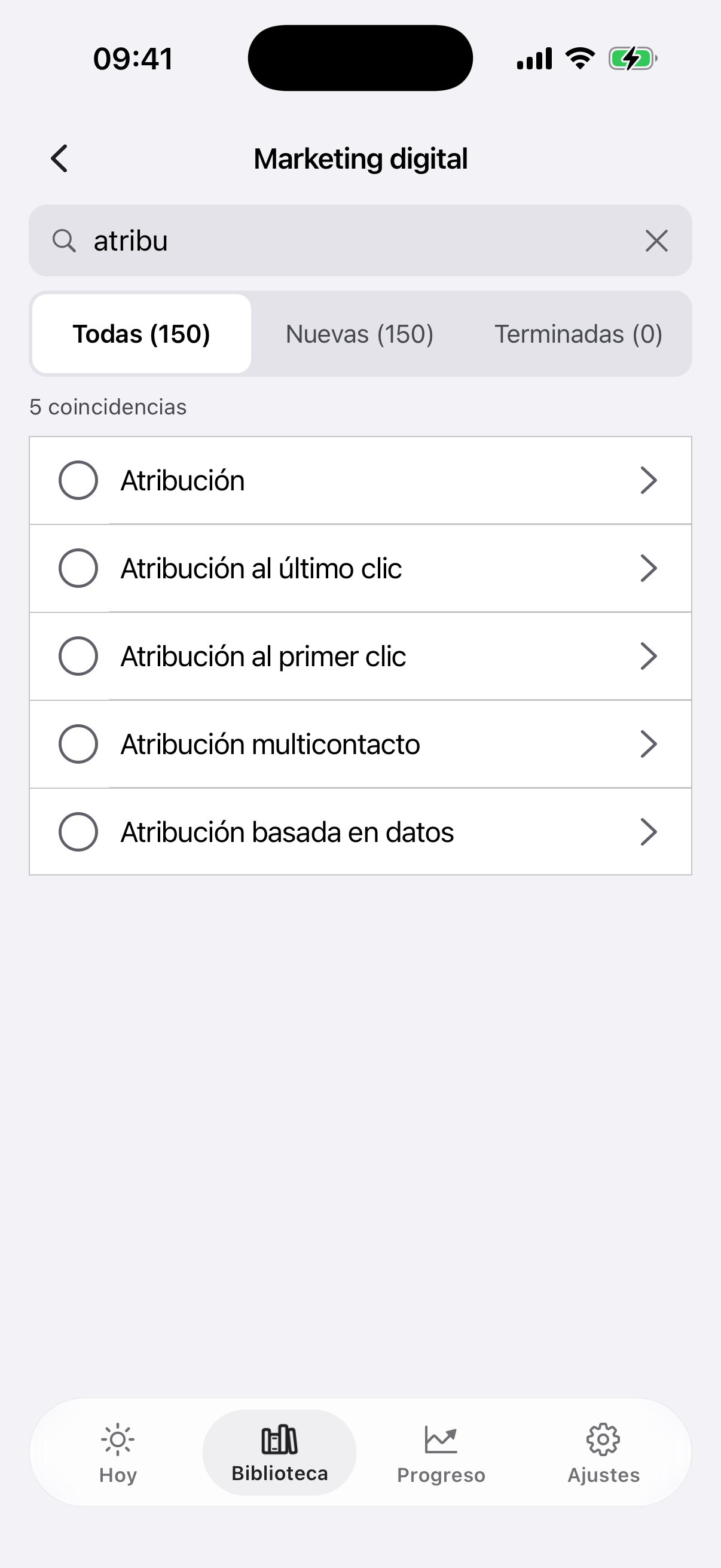 El buscador dentro de un tema con cinco tarjetas encontradas