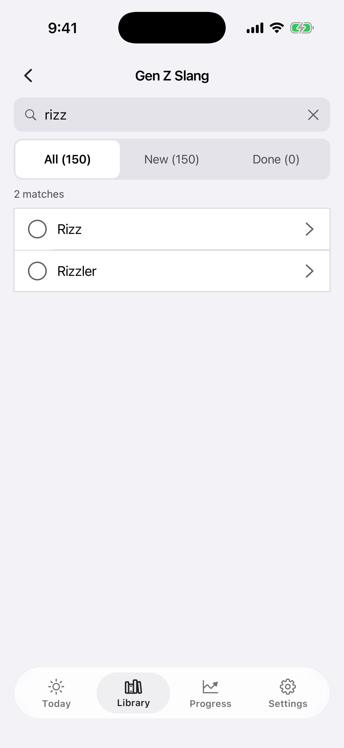 Search screen inside the deck with two cards found