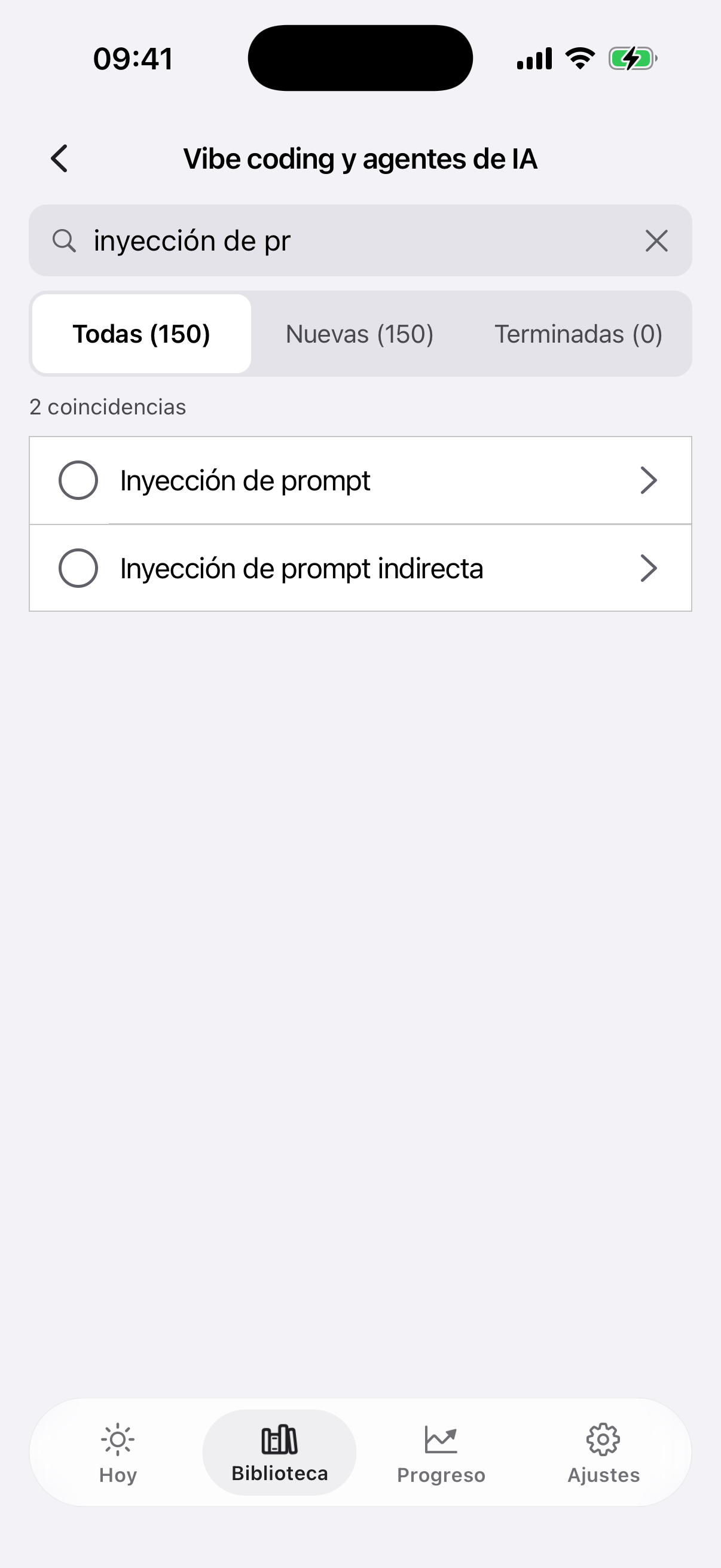 El buscador dentro de un tema con dos tarjetas encontradas